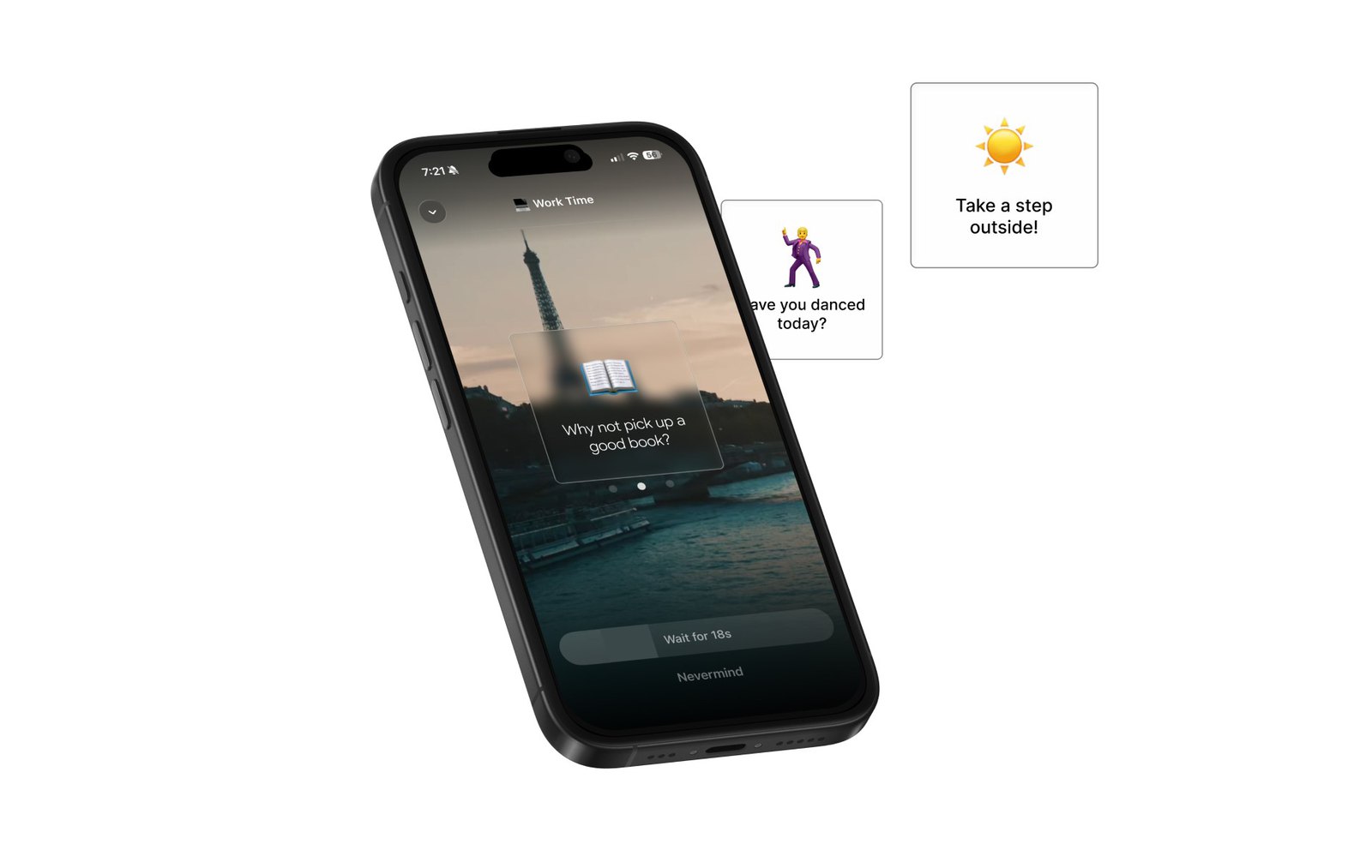 A phone showing a break suggestion to pick up a book, with other suggestions floating beside it