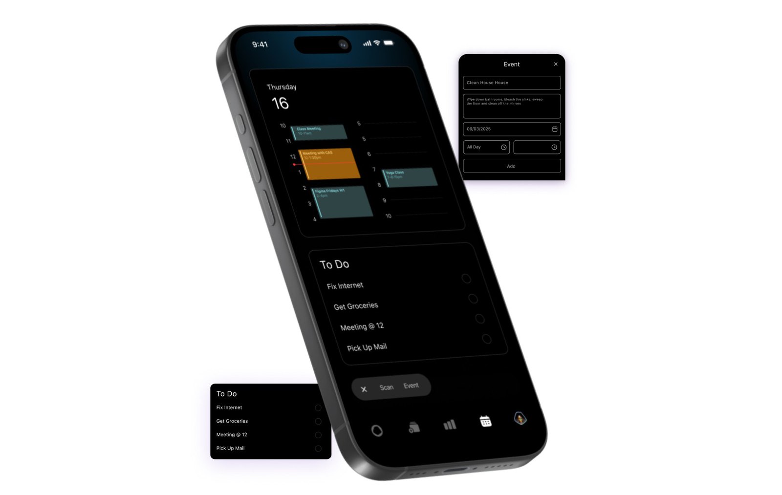 The Opal calendar screen, showing a day view with classes and meetings alongside a to-do list