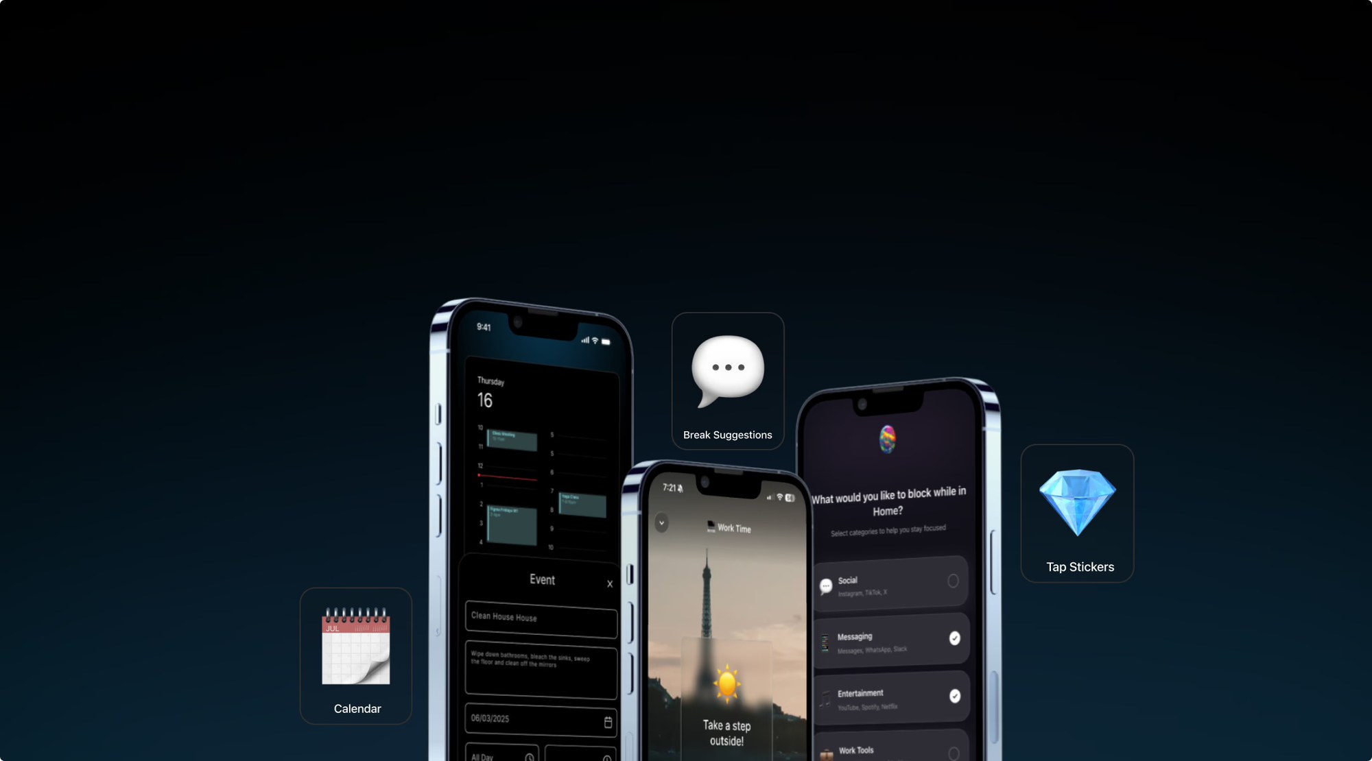 The Opal focus app across several screens, showing planning, blocking, and break suggestions
