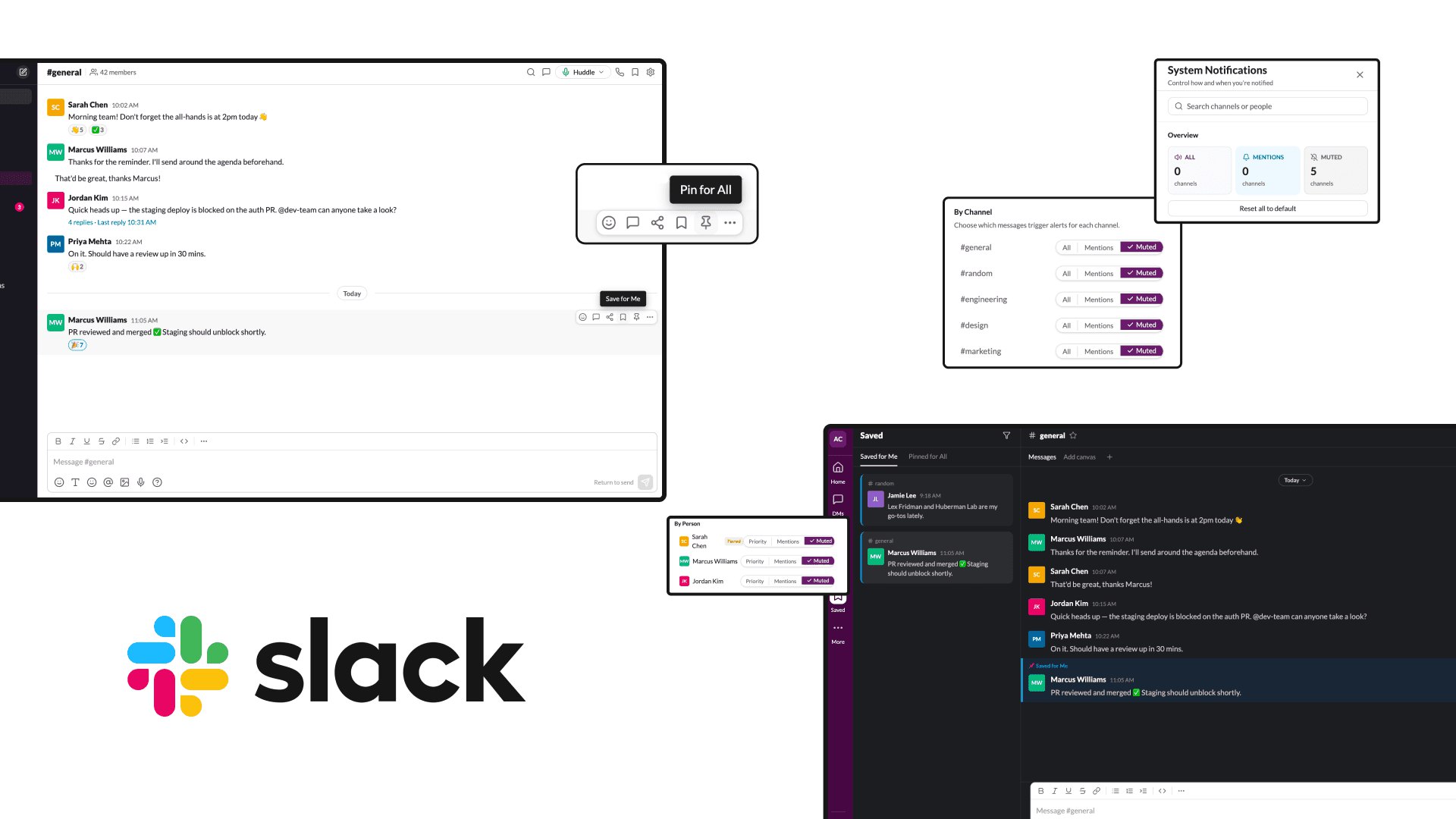 The redesigned Slack interface: a Save for Me action, a Pin for All action, and a unified notification panel